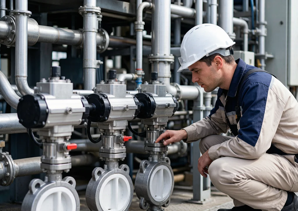 Chemical plant technician inspecting automated industrial valves with hydraulic and pneumatic actuators